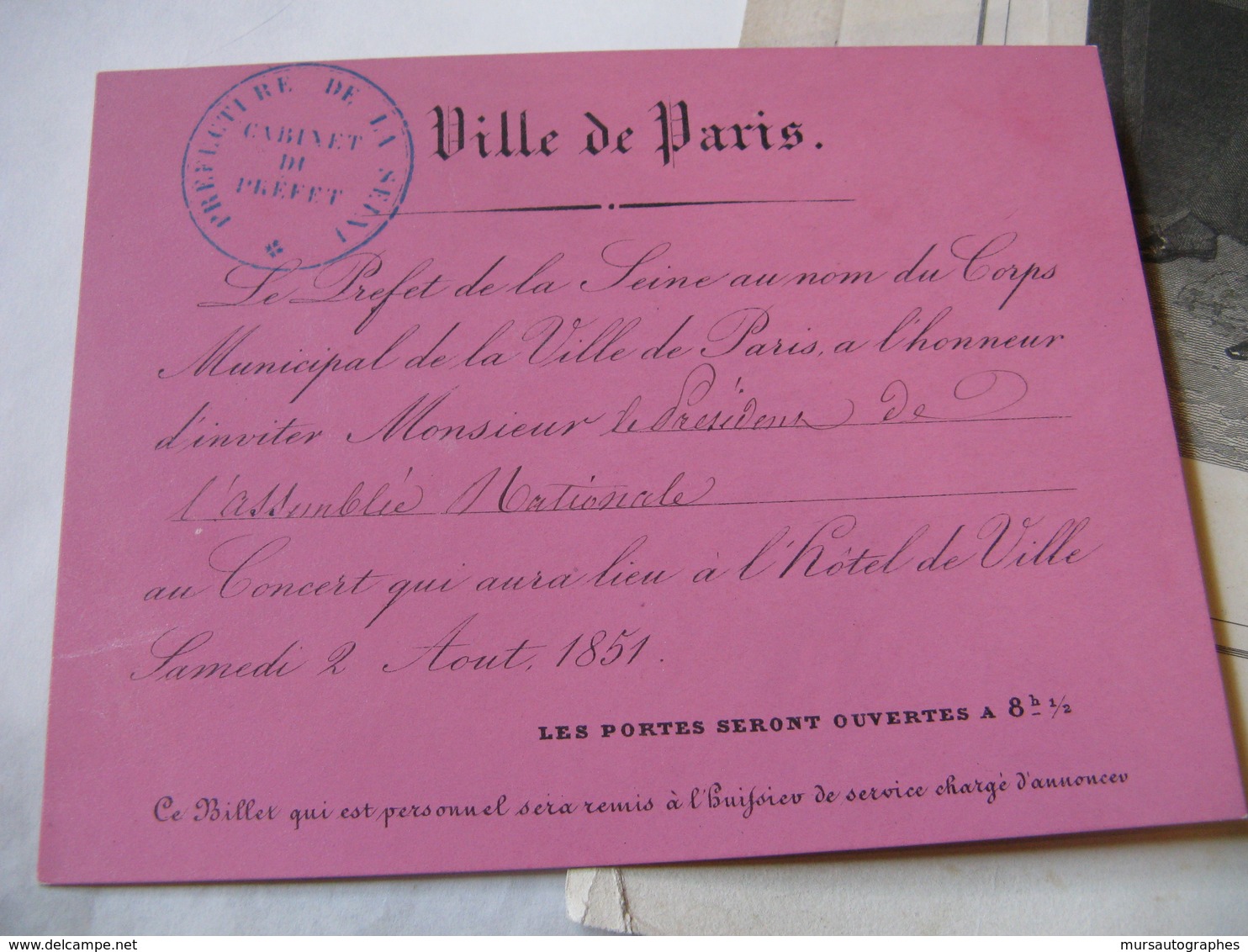 RARE CARTON D'INVITATION HOTEL DE VILLE DE PARIS CONCERT 1851 Fonds DUPIN AINE + PORTRAIT - Autres & Non Classés