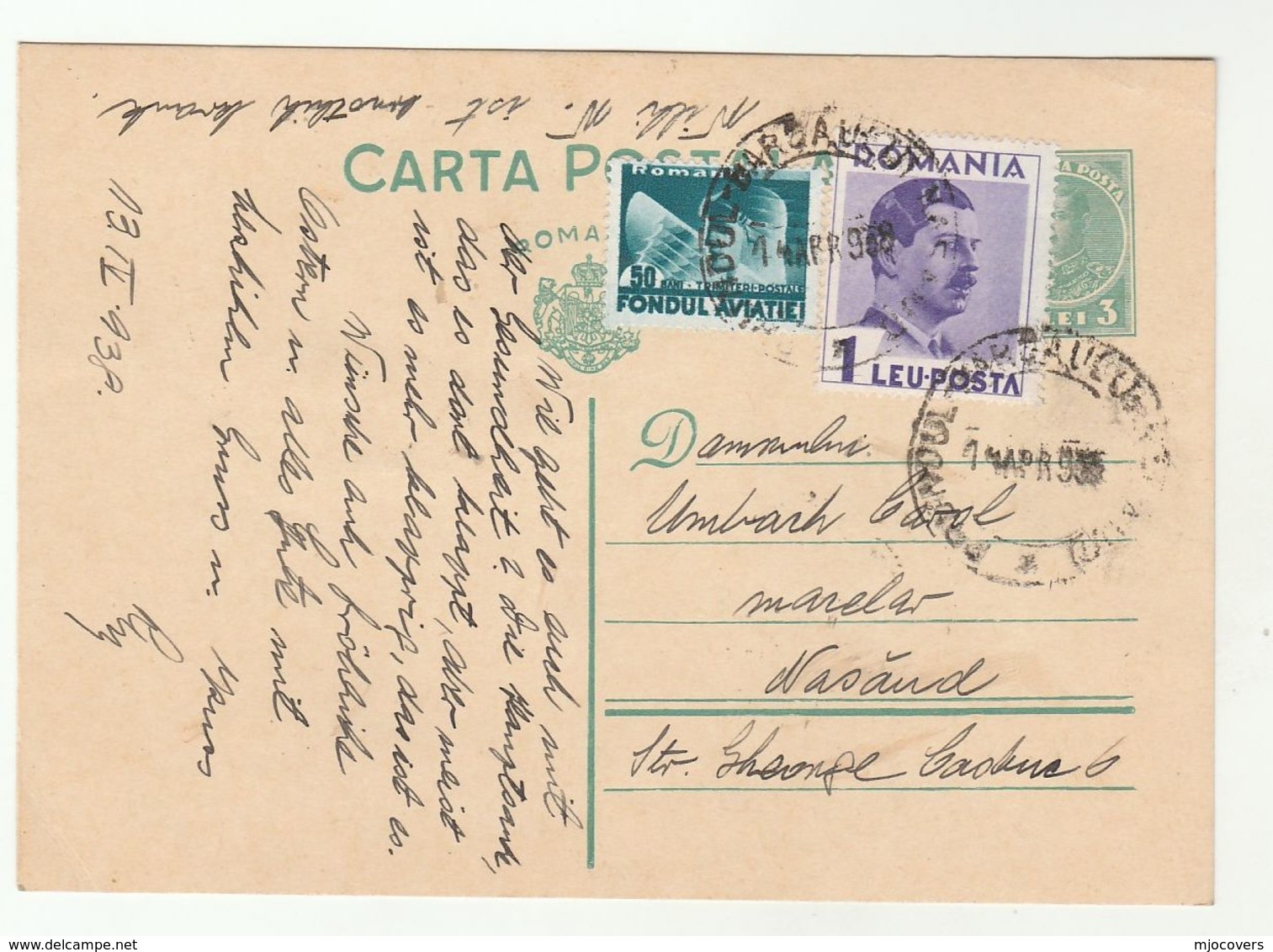 1938 ROMANIA Stamps UPRATED Postal STATIONERY CARD  Cover - Covers & Documents