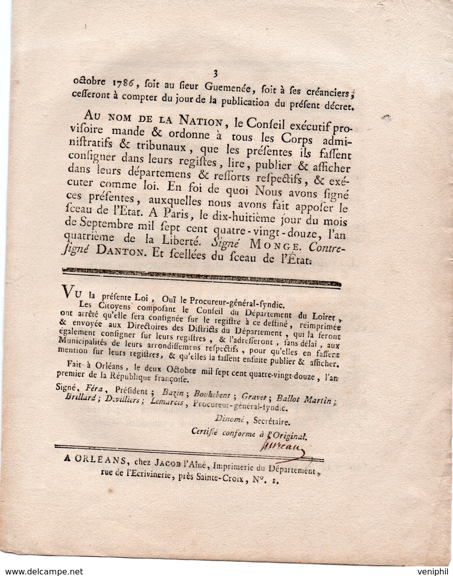 LOI QUI REUNIT AU DOMAINE NATIONAL,LES DOMAINES CEDES AUX SIEUR DE ROHAN -1792- SIGNE : MONGE -COTRESIGNE :DANTON - Décrets & Lois