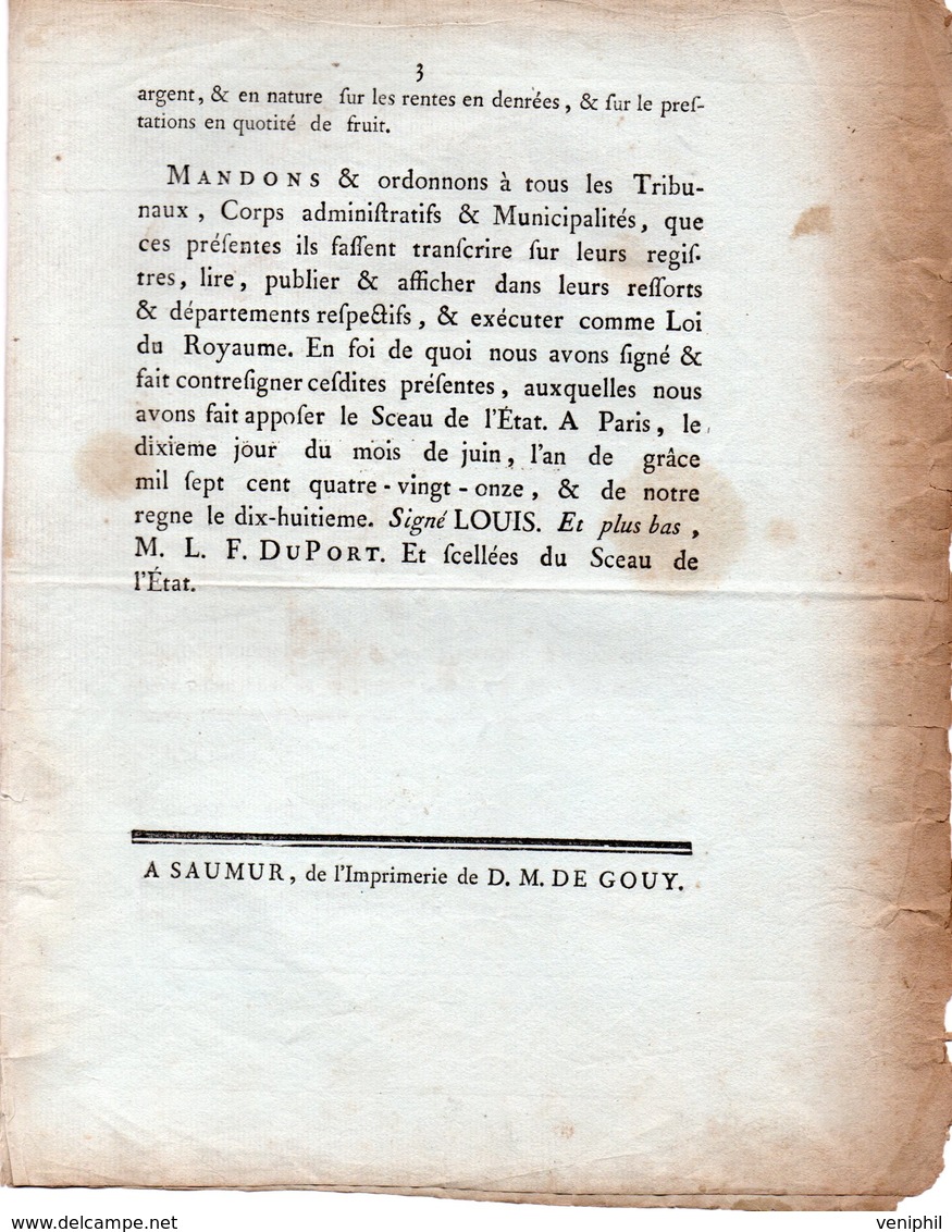 LOI QUI REUNIT AU DOMAINE NATIONAL,LES DOMAINES CEDES AUX SIEUR DE ROHAN -1792- SIGNE : MONGE -COTRESIGNE :DANTON - Décrets & Lois