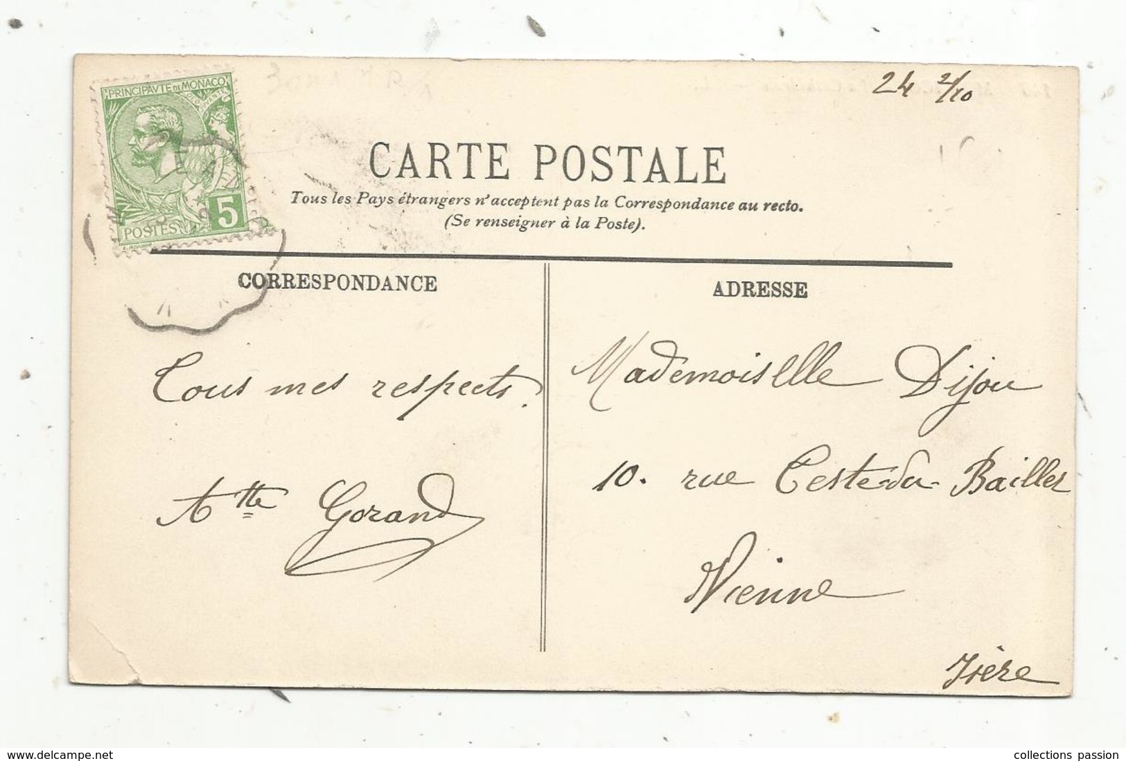 Timbre , Sur Carte Postale ,1910  , PRINCIPAUTE DE MONACO , La Cathédrale, 3 Scans - Postmarks