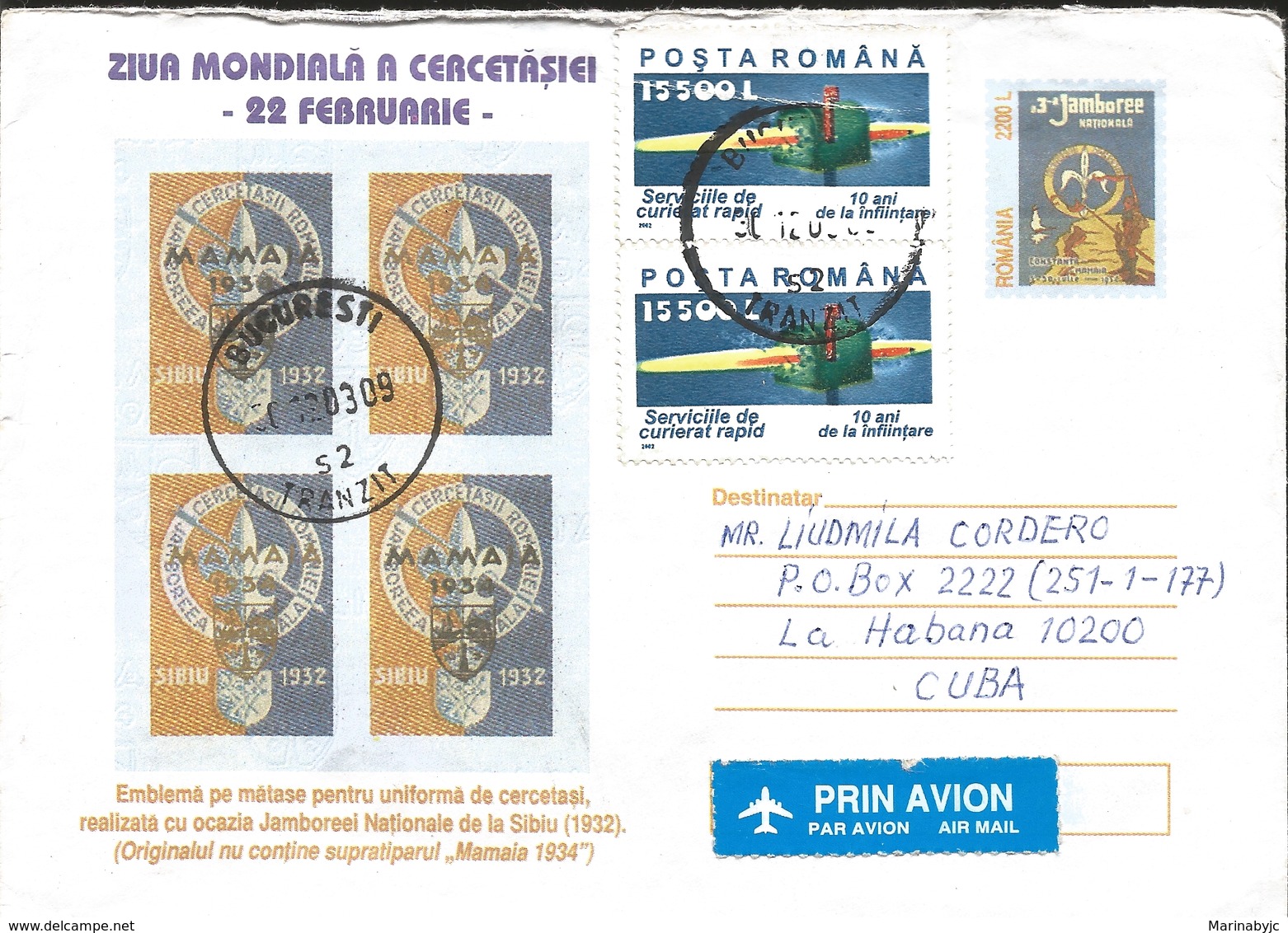 J) 1934 ROMANIA, WORLD DAY OF RESEARCH, FEBRUARY 22, AIRMAIL, CIRCULATED COVER, FROM ROMANIA TO CARIBE - Lettres & Documents