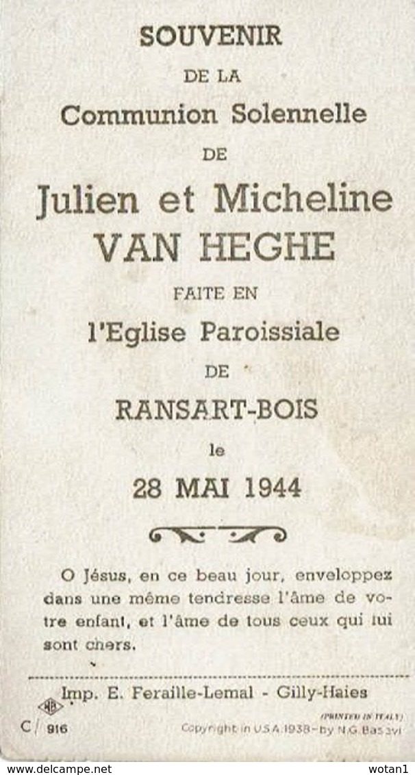 Communion Solennelle De Julien Et Micheline VAN HEGHE Le 28-5-1944 En L'Eglise Paroissiale De RANSART-BOIS - Communion