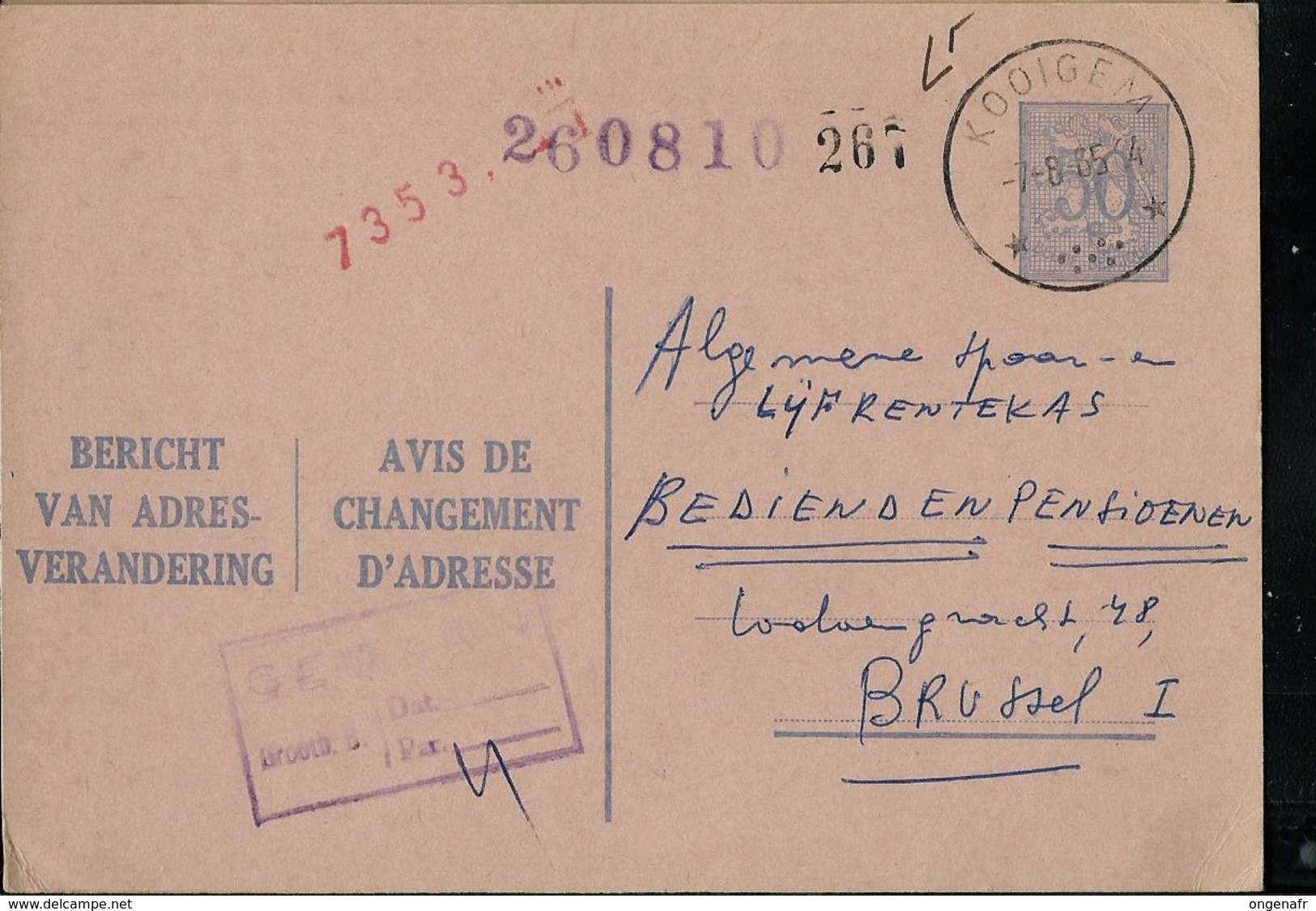 Doc. De  KOOIGEM 07/08/65  Sur Entier Chgt D'adresse - Bolli A Stelle