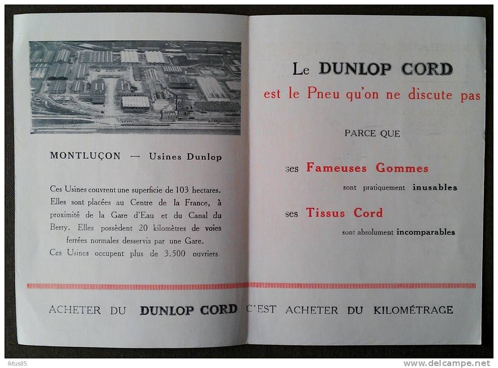 ANCIEN DOCUMENT PUBLICITAIRE-PNEU DUNLOP CORD-MONTLUCON - Advertising