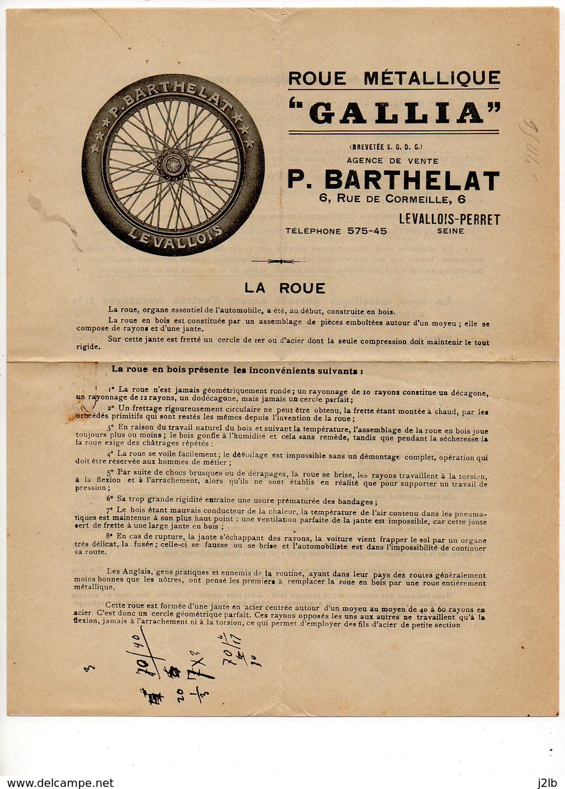 Roue Métallique GALLIA - Barthelat - Levallois Perret - 1912 - 3 Documents + 1 Enveloppe - Pneu Automobile - Publicités