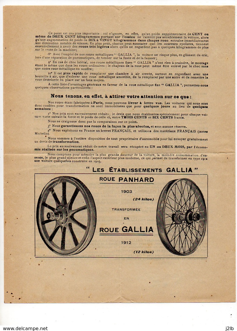 Roue Métallique GALLIA - Barthelat - Levallois Perret - 1912 - 3 Documents + 1 Enveloppe - Pneu Automobile - Publicités