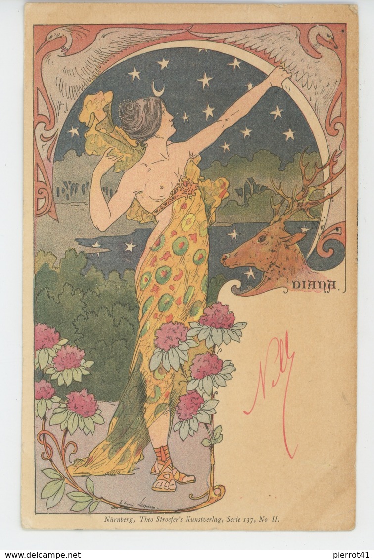 FEMMES - FRAU - LADY - Jolie Carte Fantaisie Femme ART NOUVEAU Diane Chasseresse "DIANA " Signée LESSIEUX - Lessieux