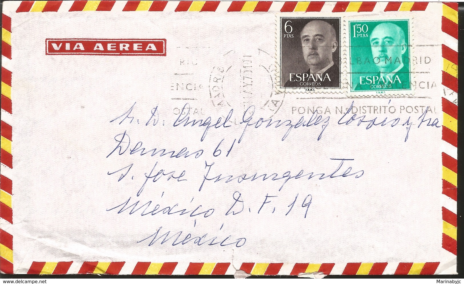 J) 1970 SPAIN, GENERAL FRANCO, WITH SLOGAN CANCELLATION, MULTIPLE STAMPS, AIRMAIL, CIRCULATED COVER, FROM SPAIN TO MEXIC - Lettres & Documents