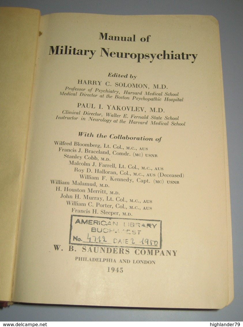 Manual Of Military Neuropsychiatry WWII 1945 - Forze Armate Americane