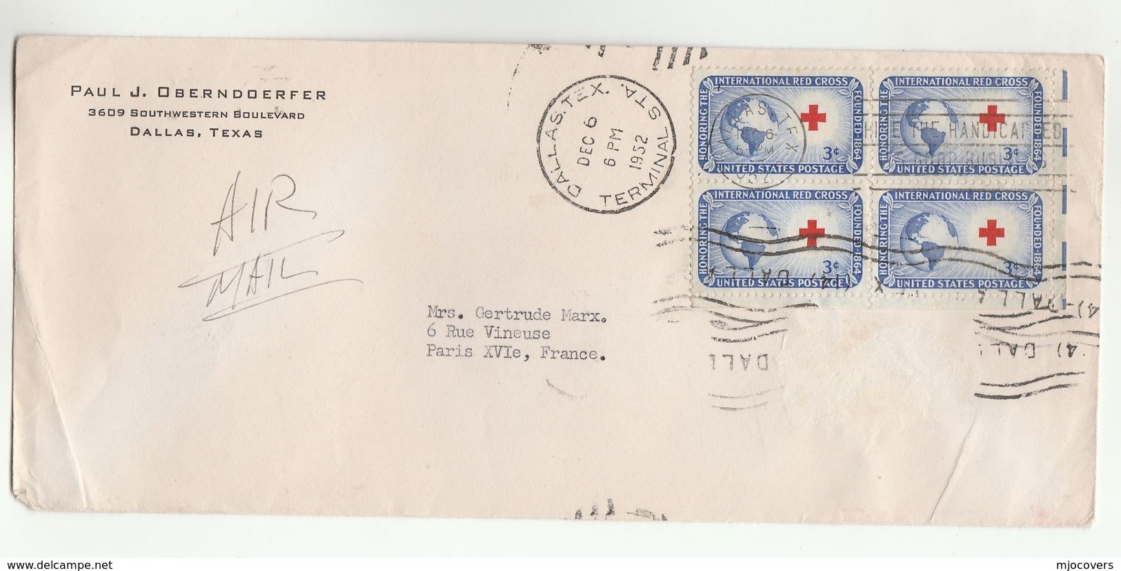 1953 Dallas USA  COVER   4x 3c RED CROSS Stamps Air Mail  To France - Red Cross