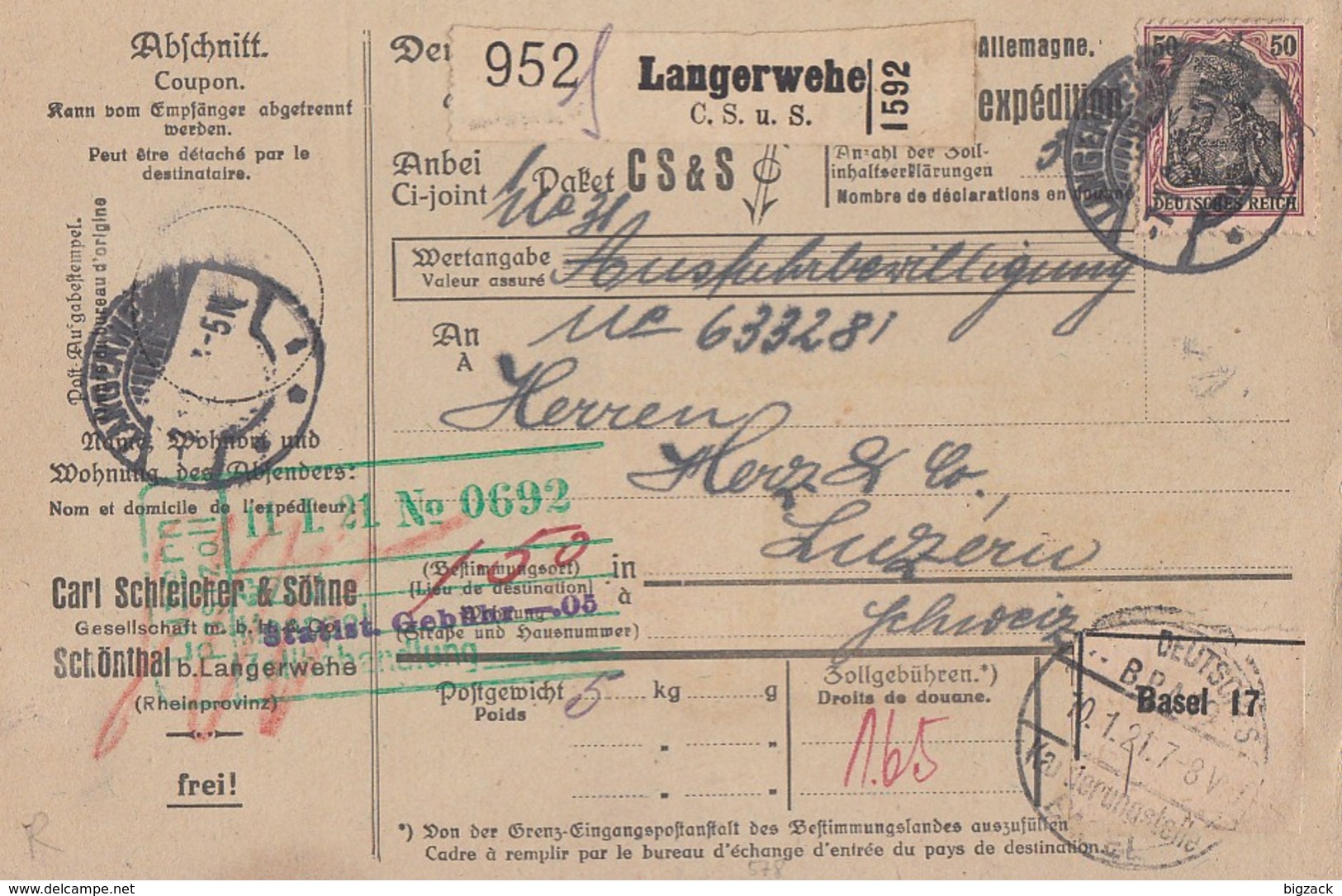 DR Paketkarte Mif Minr.91II,3x 115 Langerwehe 7.1.21 Gel. In Schweiz - Briefe U. Dokumente
