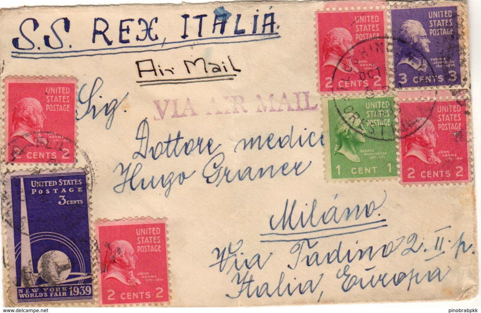 Storia Postale Aerea - Nave SS. REX Italia - Busta Con 7 Francobolli USA Del 1939 - Lettres & Documents