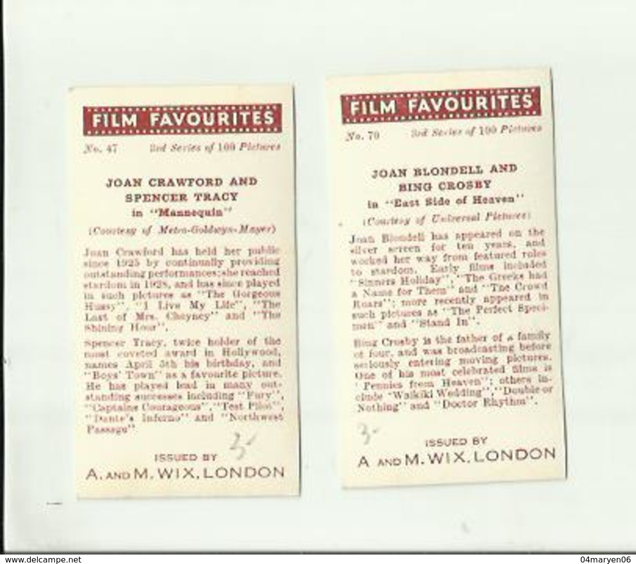 -**2 X  FILM Artiesten   ** - Joan Crawford And Spencer Tracy/Joan BLONDELL /Bing CROSBY-FILM FAVOURITES - Foto