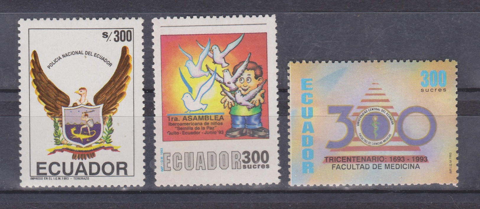 ECUADOR 1993 NATIONAL POLICE CHILDREN'S PEACE ASSEMBLY SCHOOL OF MEDICINE 300TH ANNIV. MNH SC# 1307-1316-1319 - Equateur