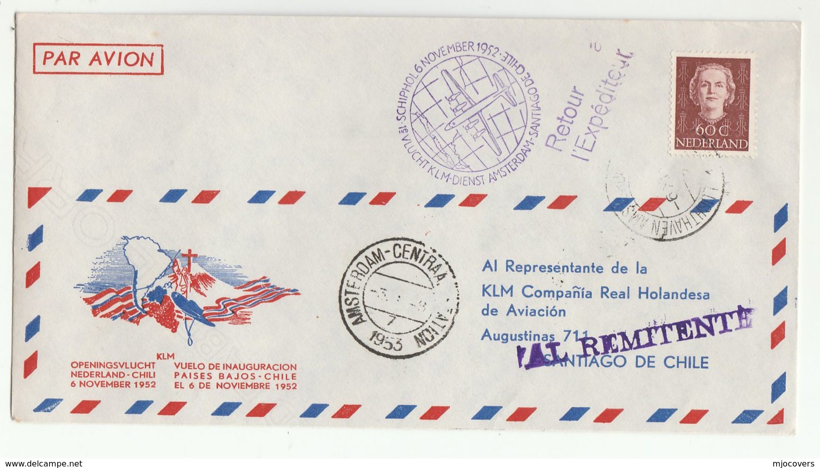 1942 FIRST FLIGHT COVER  To SANTIAGO KLM From Amsterdam  Netherlands To Chile  Stamps  Aviation - Covers & Documents