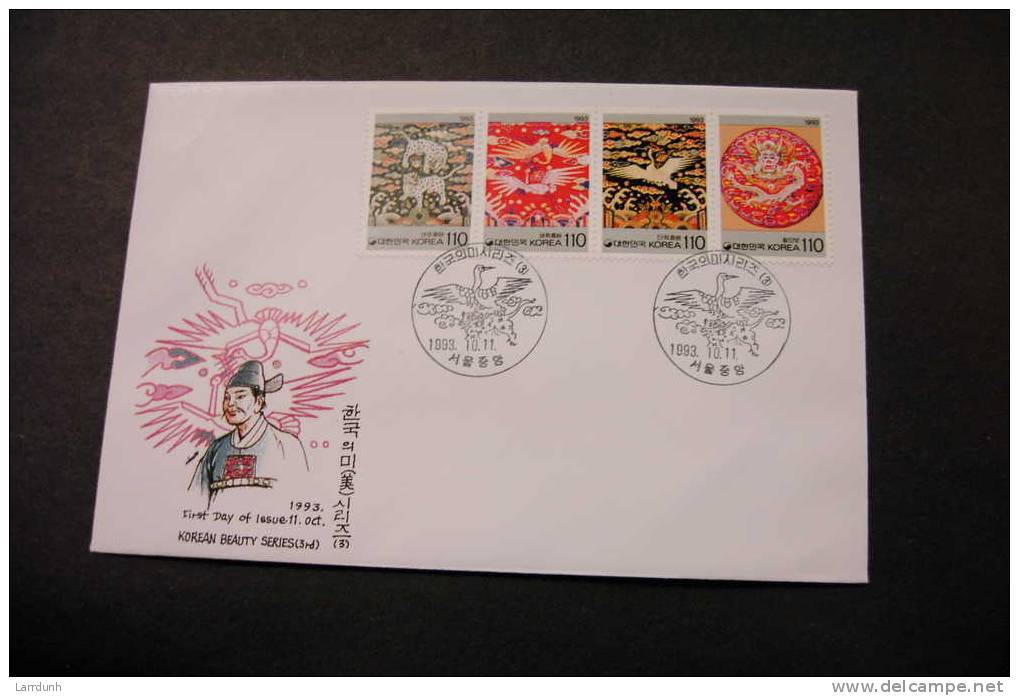 Korea 1668a Beauty Series 3rd Tapestries Strip Of Four 1993 With Day Of Issue Cancel A04s - Corée Du Sud