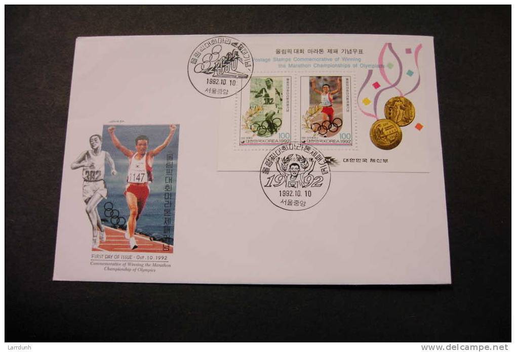 Korea 1685b Olympic Marathon Winners Souvenir Sheet 1992 With Day Of Issue Cancel Some Minor Crease UL A04s - Corée Du Sud