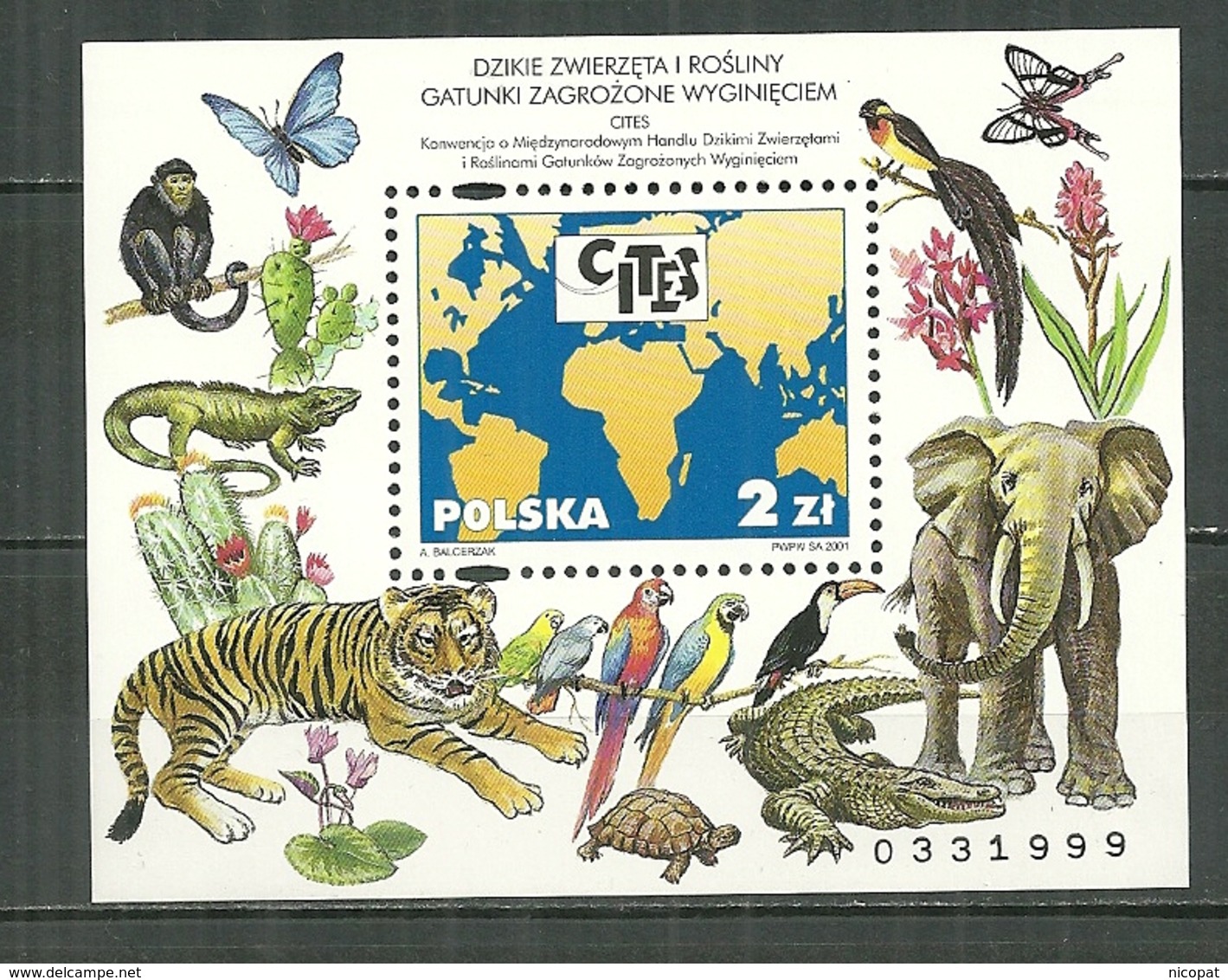 POLAND MNH ** Bloc 153 Faune Flore Fleur Animaux Tigre élépahnt Oiseau Papillon Singe Tortue - Blocks & Kleinbögen