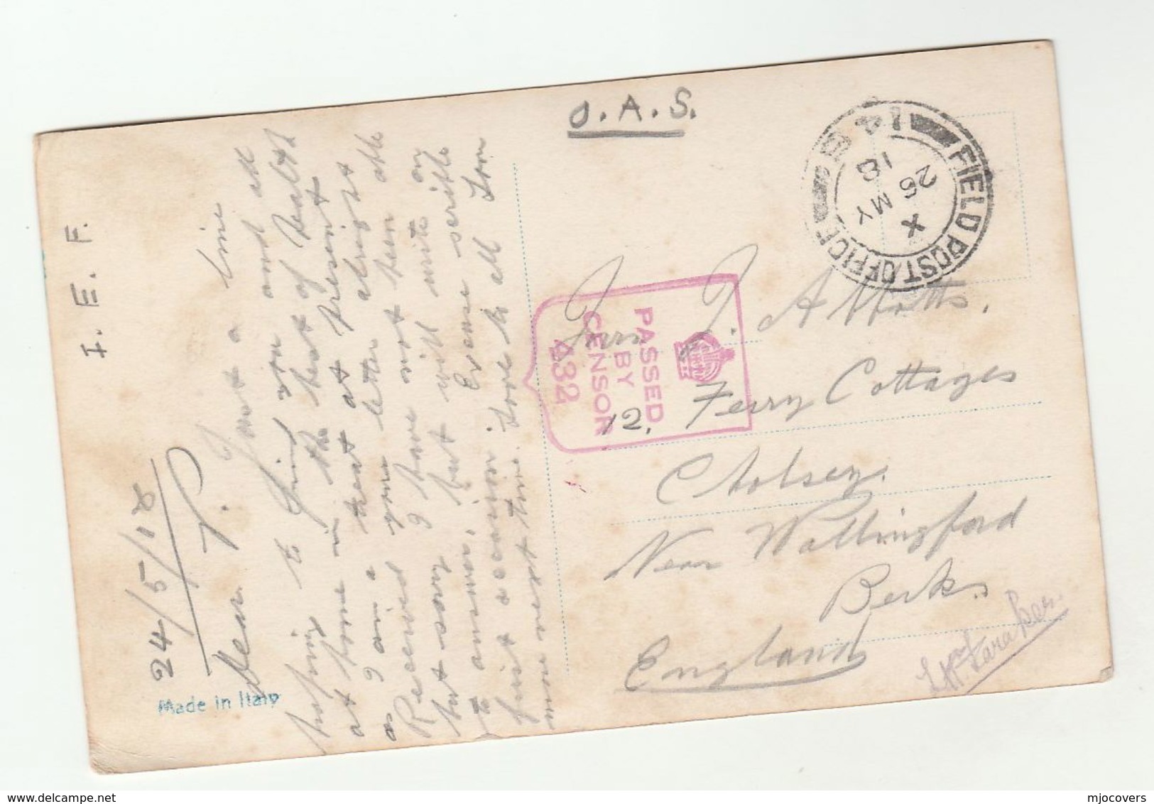 1918 FPO 145 British Forces ITALY  Cover (postcard) To GB - Covers & Documents