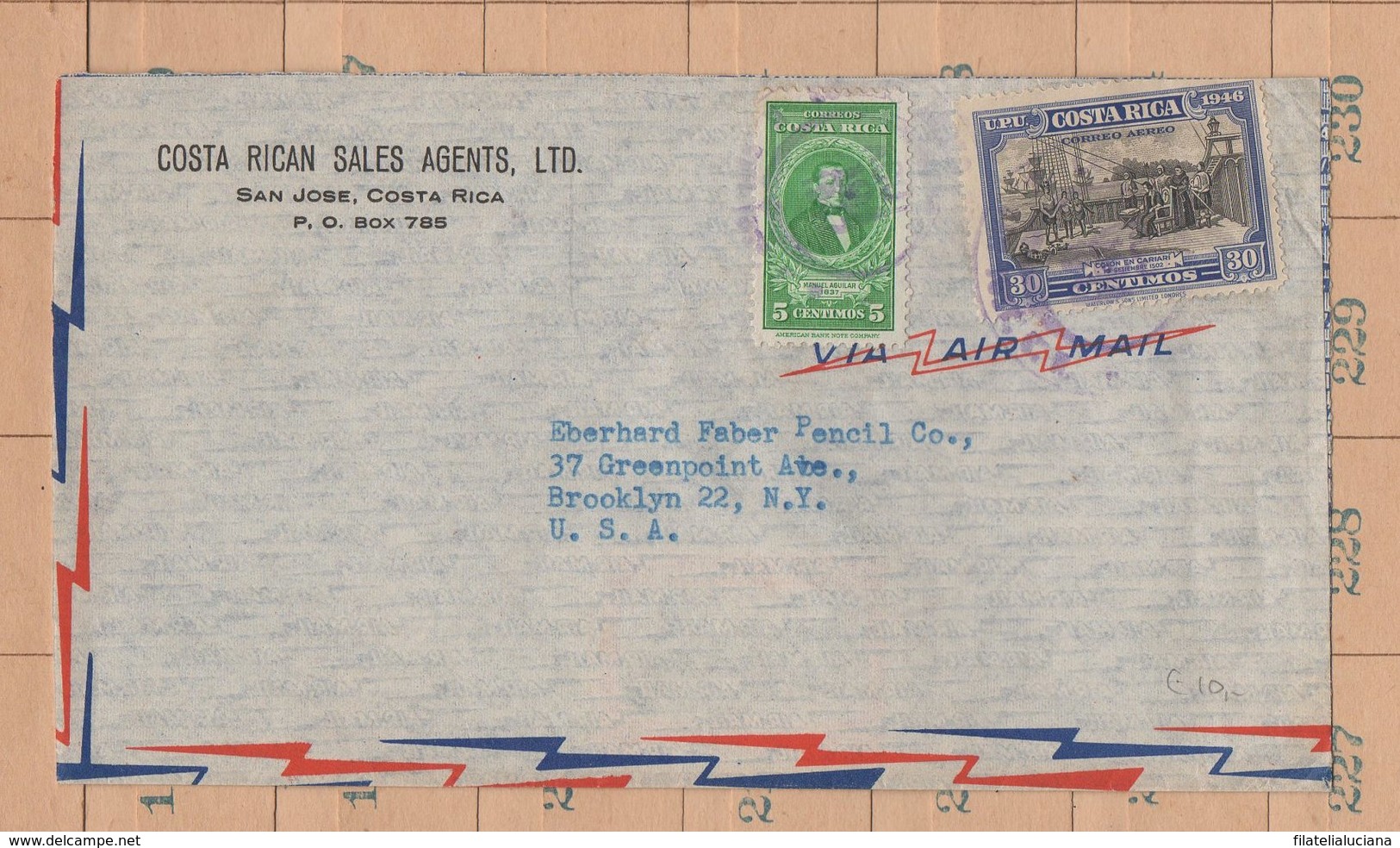 Great Cover Costa Rica To USA Columbus Presidents 1947 - Costa Rica