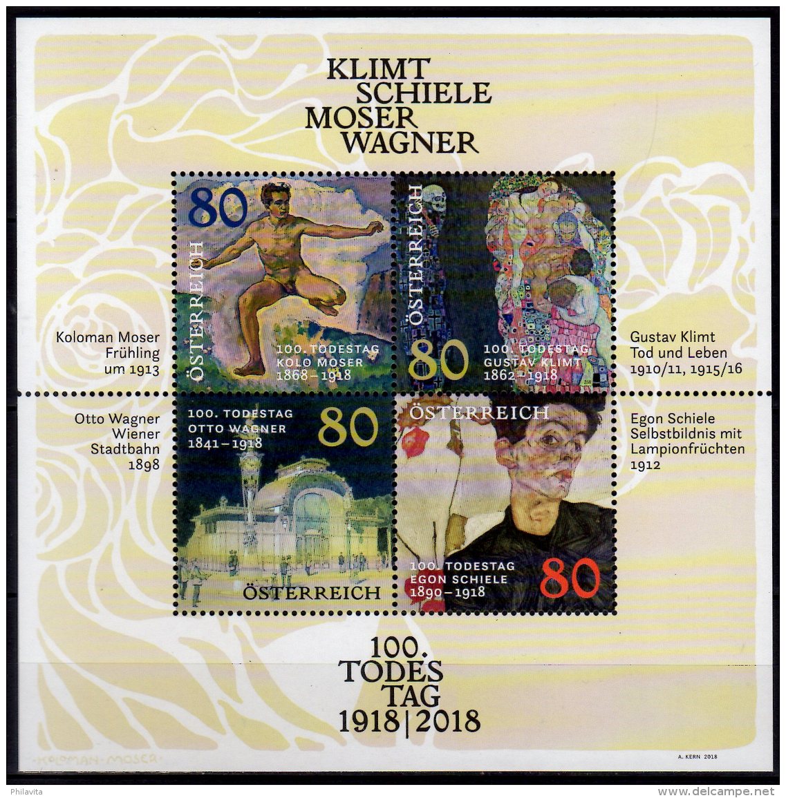 2018 Austria - 100 Years Of Death Of G.Klimt, E.Scheile,  K.Moser, O.Wagner -MS -  MNH** MiNr. B 101 (rg) - Neufs