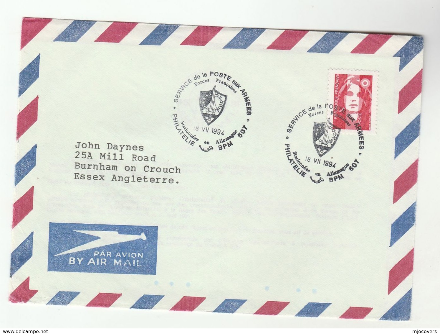 1994 FRENCH FORCES In GERMANY Poste Aux Armees EVENT COVER Airmail To GB France Stamps Military - Covers & Documents