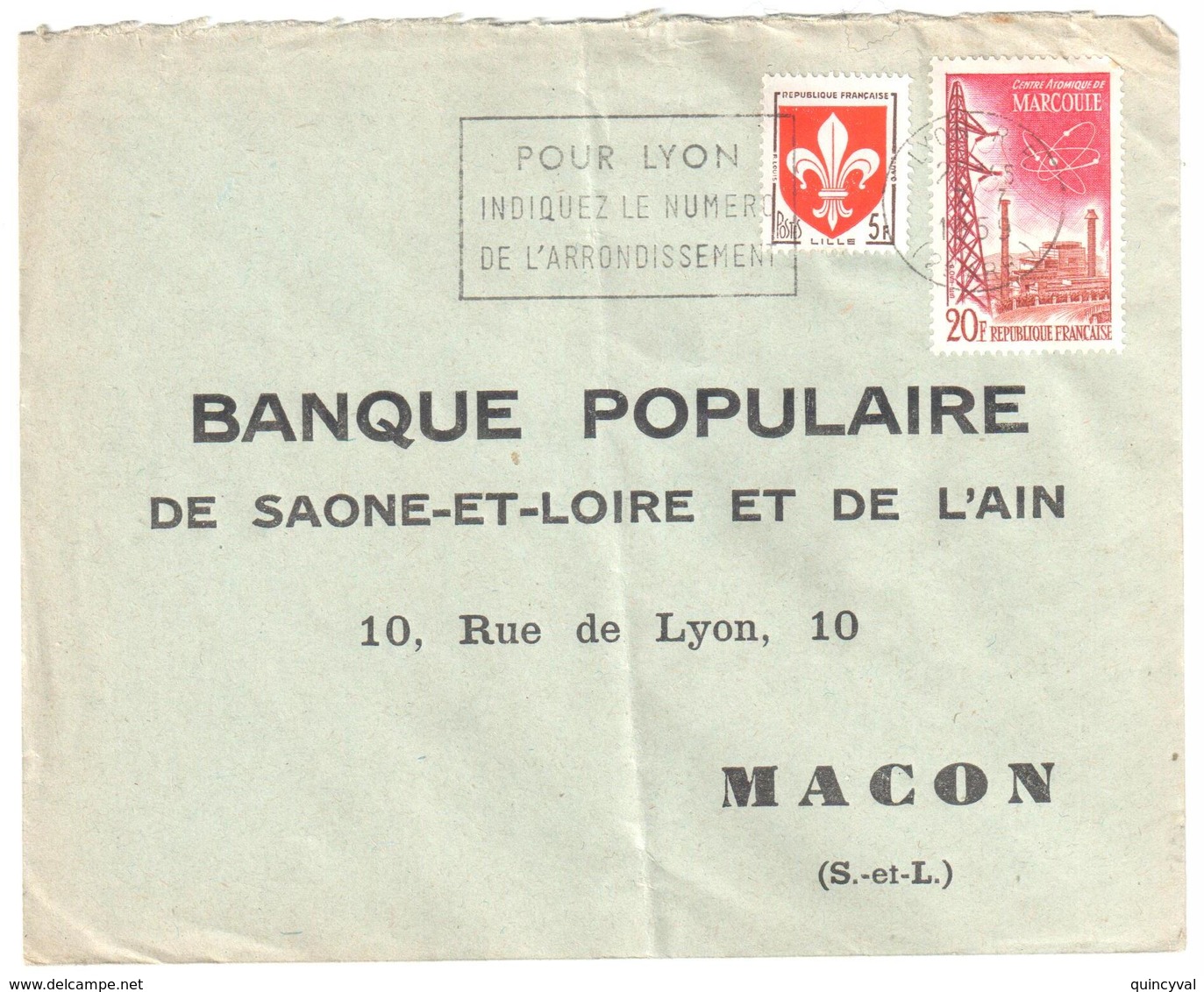 LYON Lettre 20 F MARCOULE Centre Atomique 5 F Blason Lille Yv 1204 1186 Ob 7 7 1959 - Covers & Documents