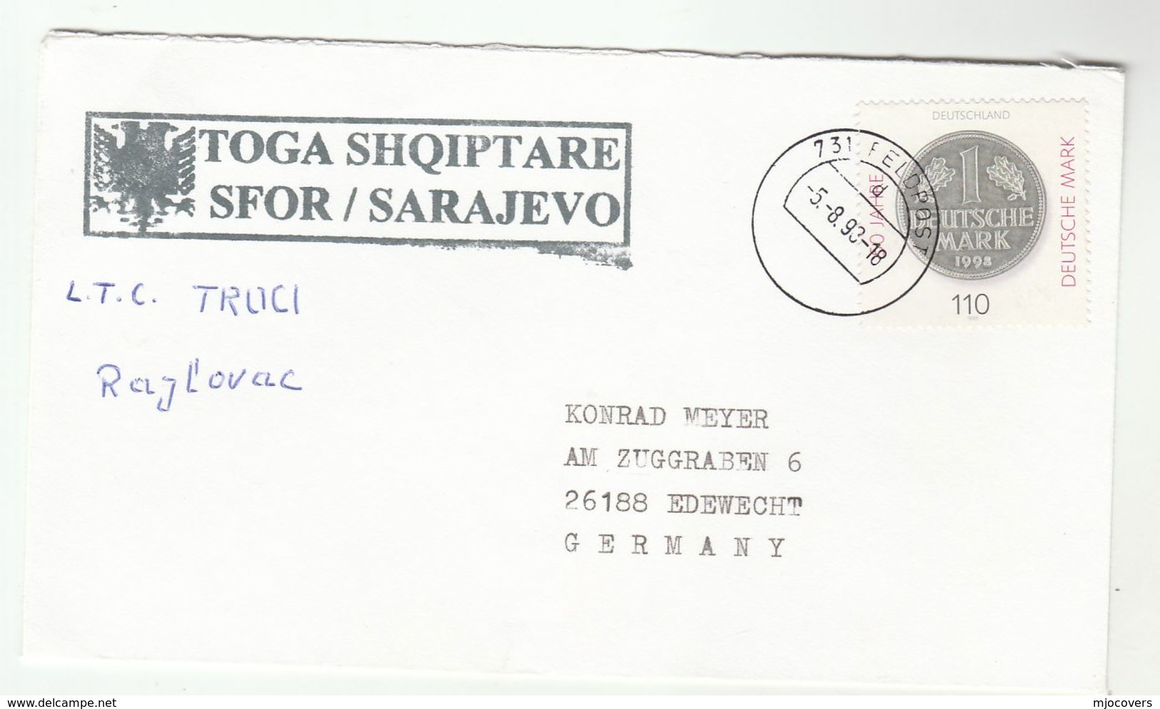 1998 SFOR Stabilisation Force In Bosnia And Herzegovina COVER German Forces SARAJEVO Nato Geramny Stamps Military Forces - Bosnia And Herzegovina