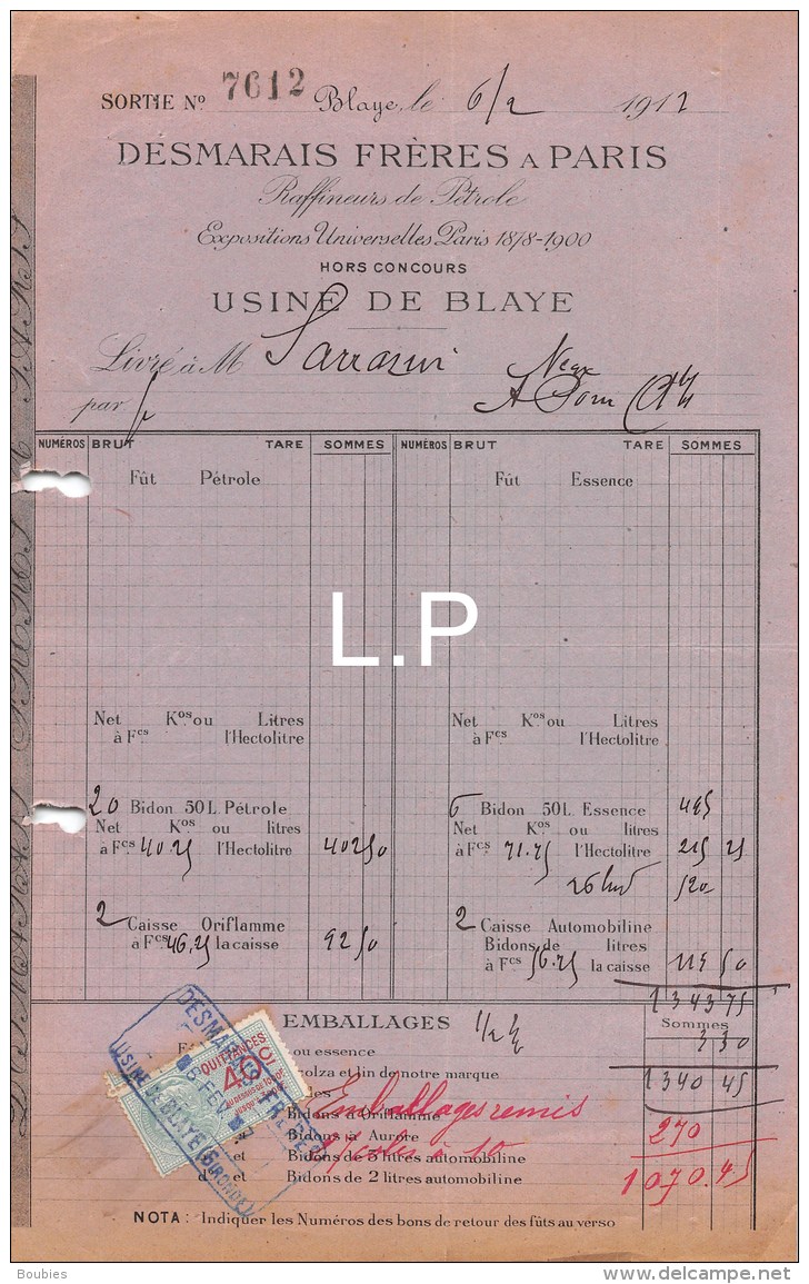7-1587    FACTURE  1912 USINE DE BLAYE DESMARAIS FRERES A PARIS - M. SARRAZIN A PONS - 1900 – 1949