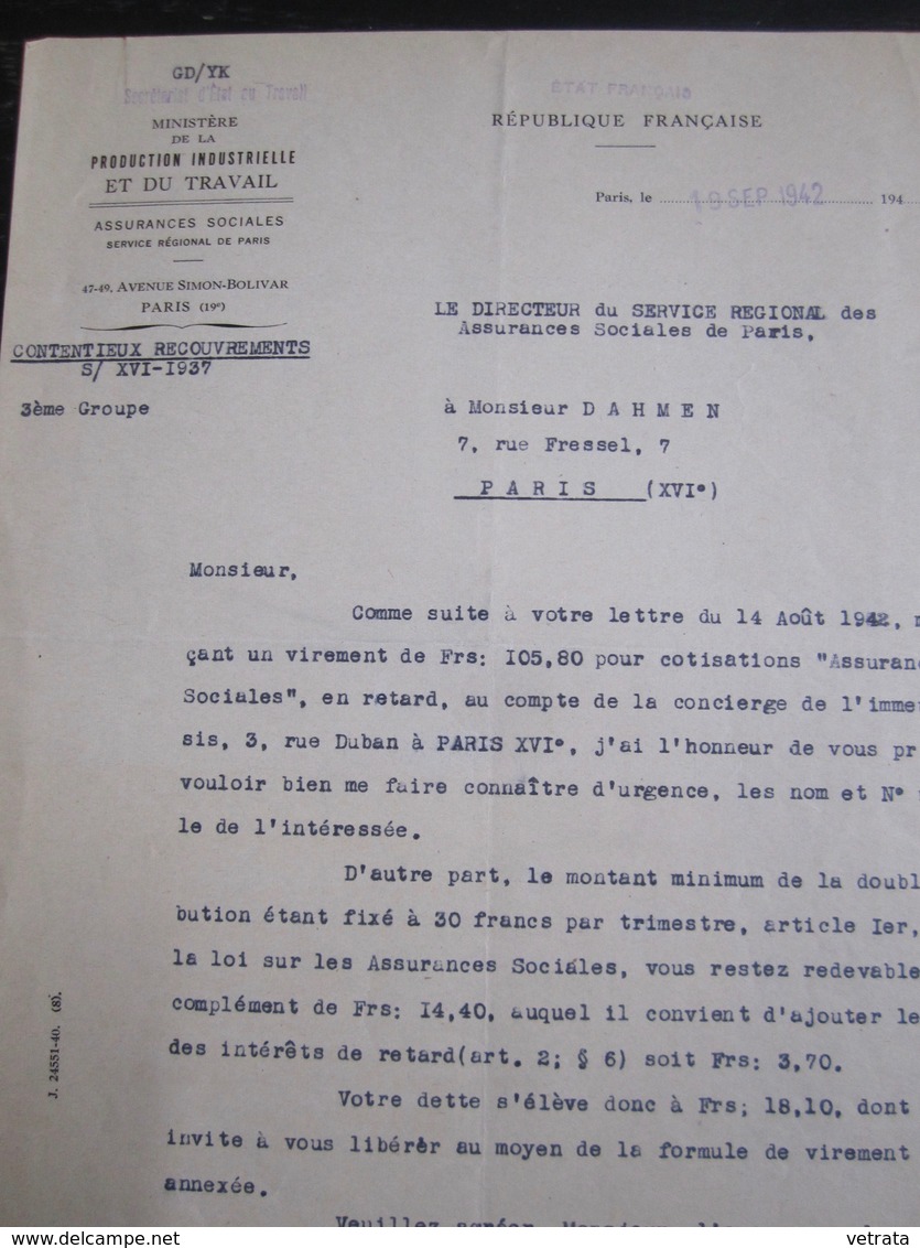 Lettre Du Ministère De La Production Industrielle Et Du Travail, Assurances Sociales, 1942 - Zonder Classificatie