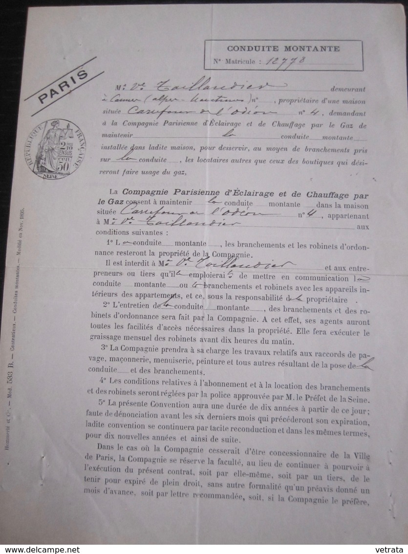 Conduite Montante : Formulaire De La Compagnie Parisienne D' Éclairage Et De Chauffage Par Le Gaz, Paris, 1898 - Non Classés