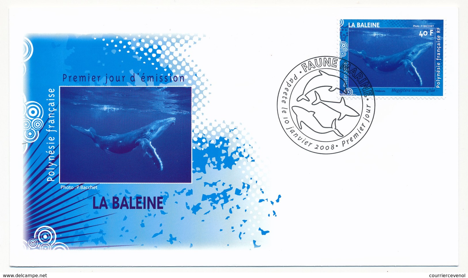 POLYNESIE FRANCAISE - 4 Enveloppes FDC - FAUNE MARINE : Raie, Dauphin, Baleine, Requin - 10 Janvier 2008 - FDC