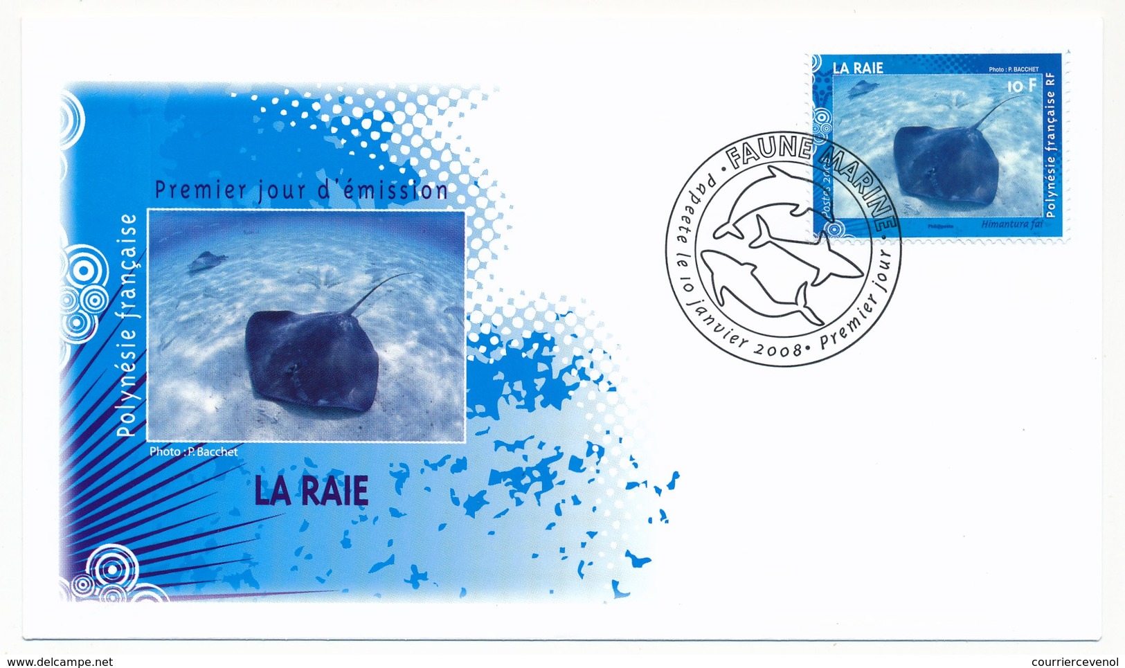 POLYNESIE FRANCAISE - 4 Enveloppes FDC - FAUNE MARINE : Raie, Dauphin, Baleine, Requin - 10 Janvier 2008 - FDC