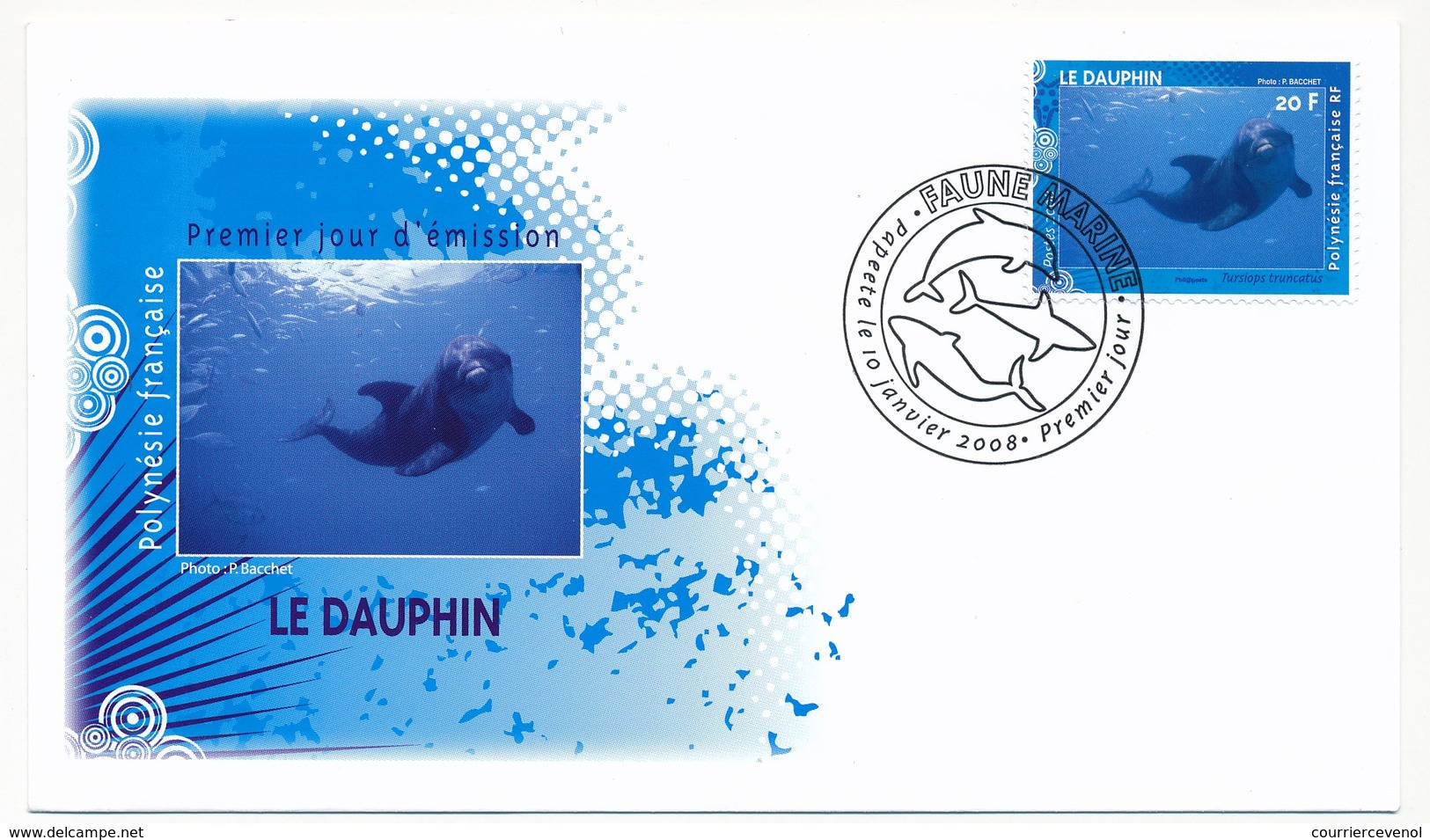 POLYNESIE FRANCAISE - 4 Enveloppes FDC - FAUNE MARINE : Raie, Dauphin, Baleine, Requin - 10 Janvier 2008 - FDC