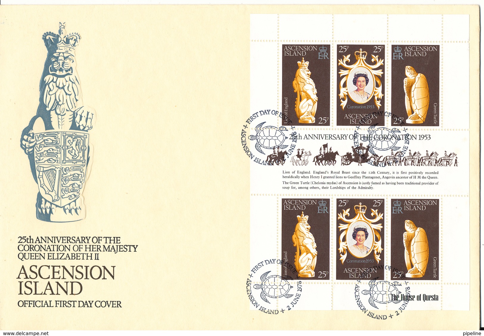 Ascension Island FDC 2-6-1978 25th Anniversary Coronation Of Queen Elizabeth II Souvenir Sheet TURTLES In The Postmark - Ascension