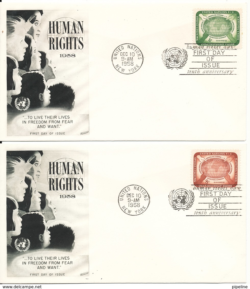 USA UN New York FDC 10-12-1958 Human Rights Day With Fleetwood Cachet Complete Set On 2 Covers - Other & Unclassified