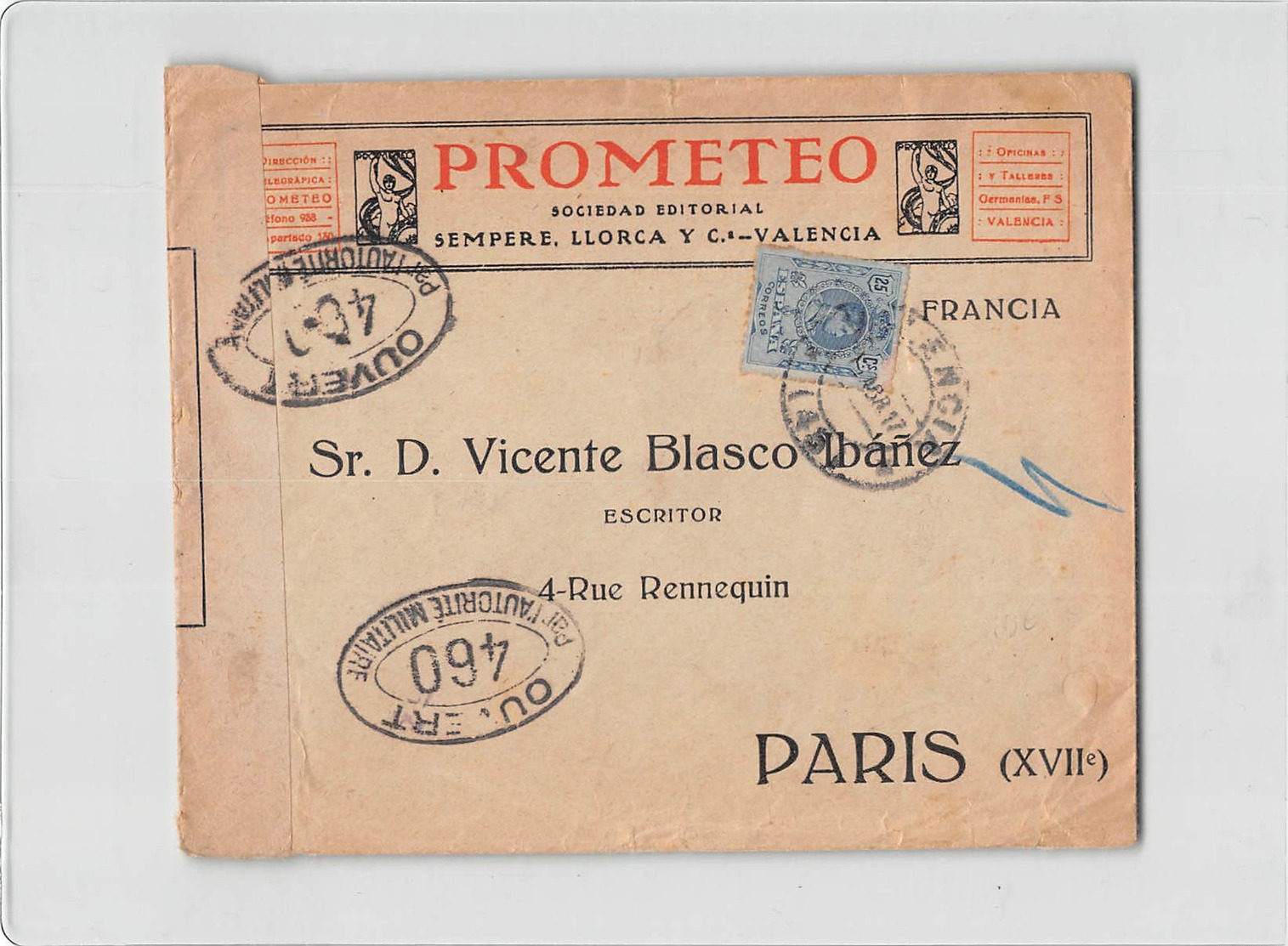 15455 PROMETEO VALENCIA TO PARIS - CENSOR - Storia Postale