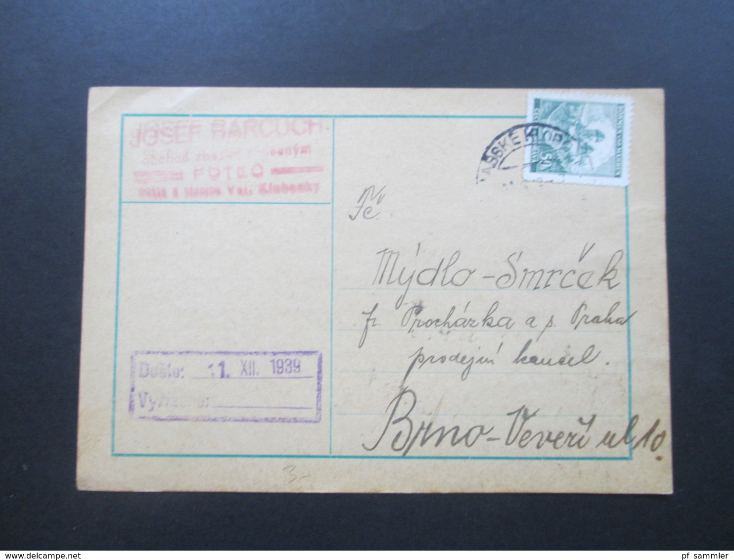 Böhmen Und Mähren 1939 Postkarte Firmenkarte Josef Barcuch Potec. Interessante Karte! - Covers & Documents