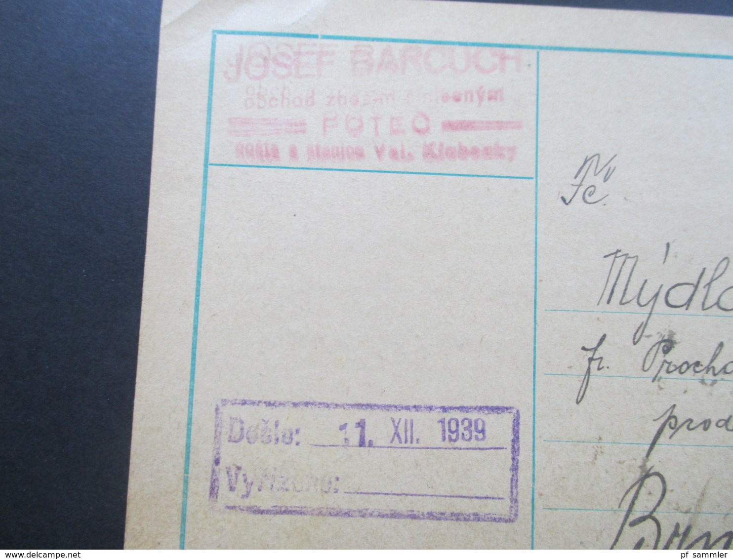 Böhmen Und Mähren 1939 Postkarte Firmenkarte Josef Barcuch Potec. Interessante Karte! - Cartas & Documentos