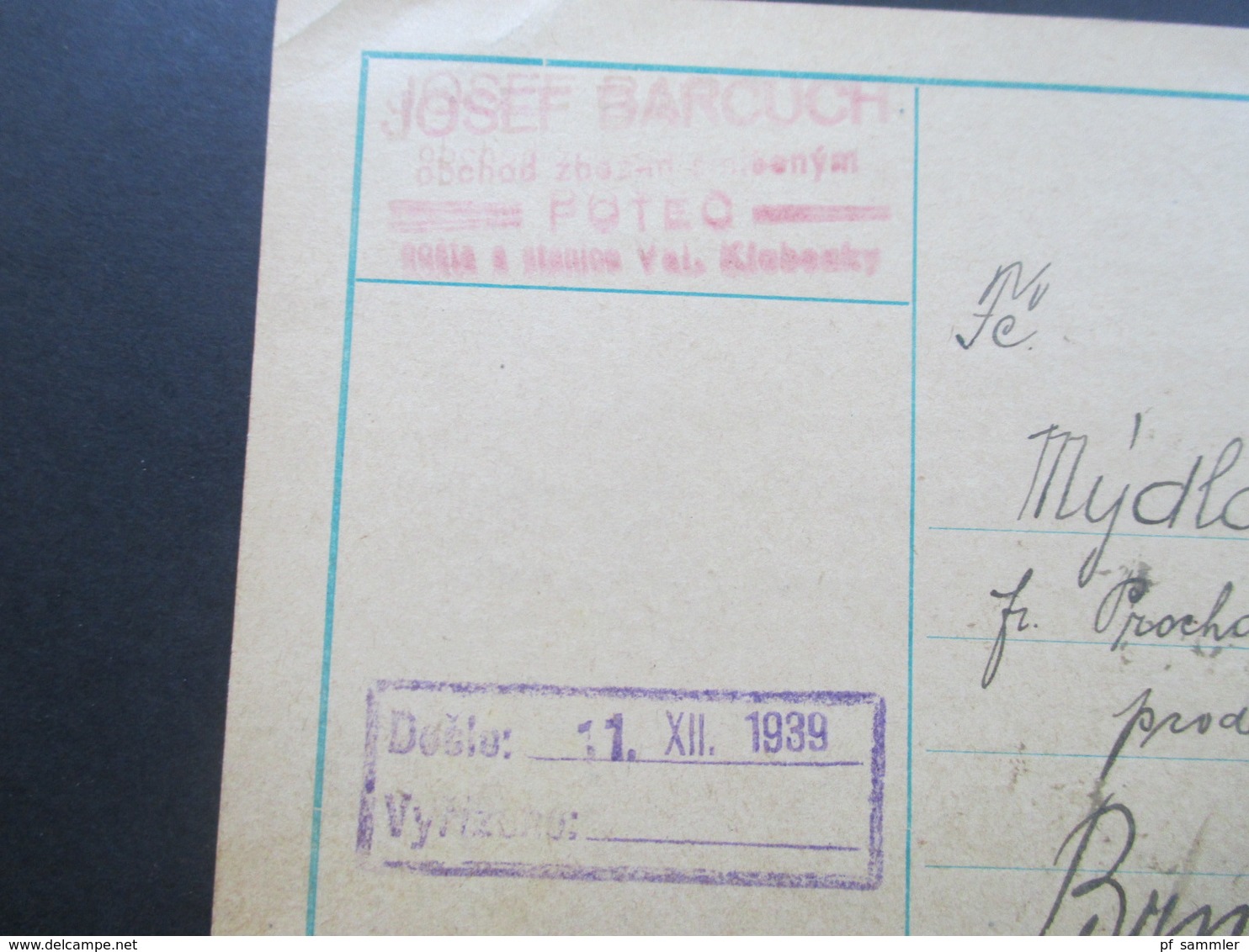 Böhmen Und Mähren 1939 Postkarte Firmenkarte Josef Barcuch Potec. Interessante Karte! - Briefe U. Dokumente