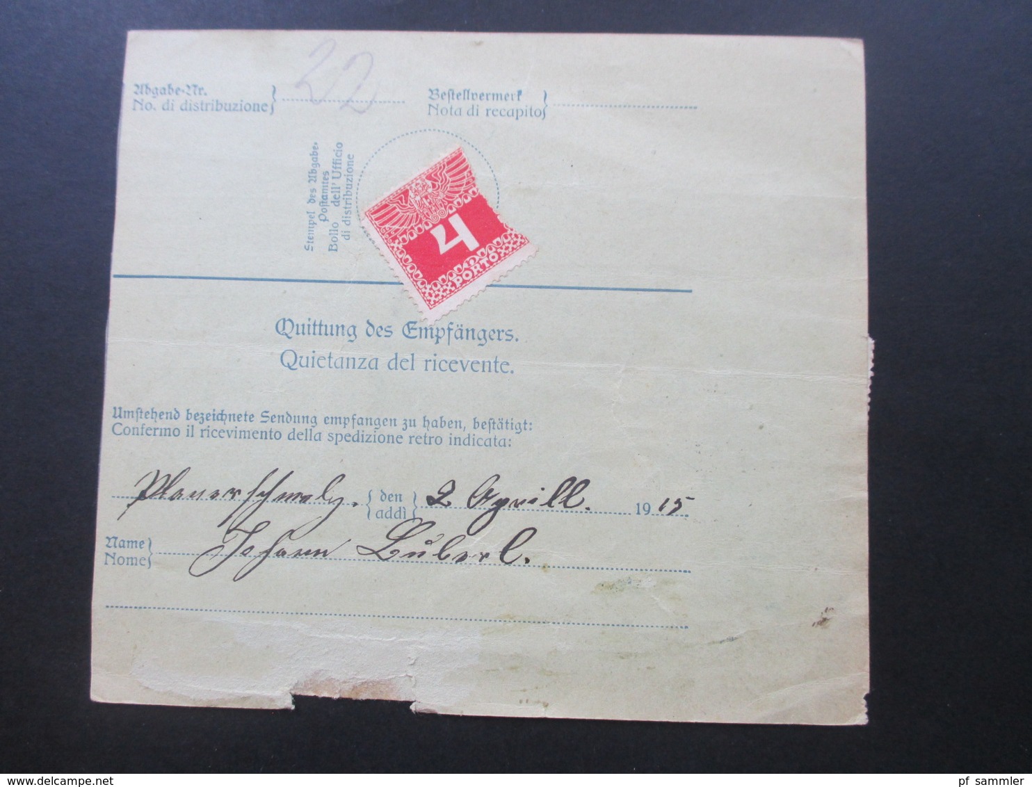 Österreich 1915 Post - Begleitadresse Creto 42 Mit 2 Zusatzfrankaturen Nr. 148 Int. Karte Rückseitig Nachporto Marke!! - Briefe U. Dokumente