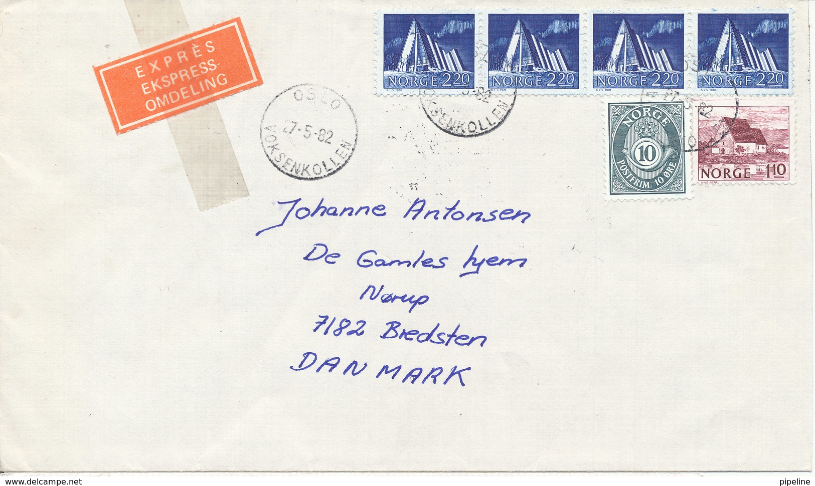 Norway Express Cover Sent To Denmark Oslo Voksenkollen 27-5-1982 - Covers & Documents