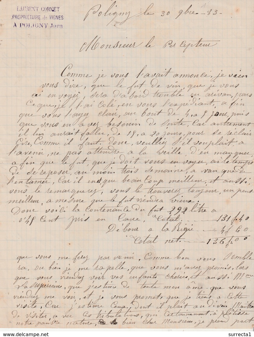 Courrier 1883 / Laurent CORNET / Propriétaire De Vignes / 39 Poligny Jura - Autres & Non Classés