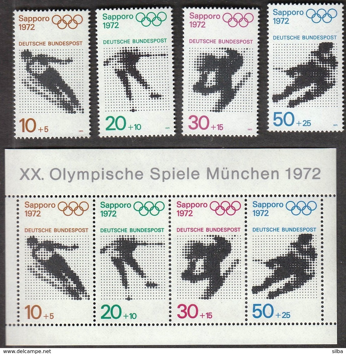 Germany / Olympic Games Sapporo 1972 / Ski Jumping, Figure Skating, Alpine Skiing, Ice Hockey / Mi 680-683 + Bl 6 / MNH - Winter 1972: Sapporo