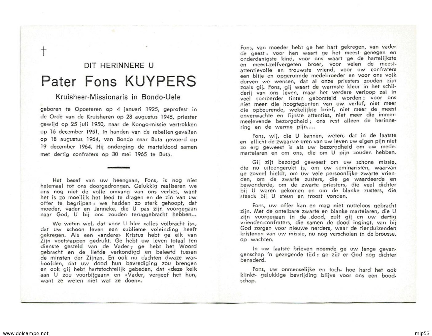 P 558. Pater FONS KUYPERS - °OPOETEREN 1925 /Kruisheer-missionaris In BONDO-UELE /+ Na Marteldood Te BUTA 1965 - Santini