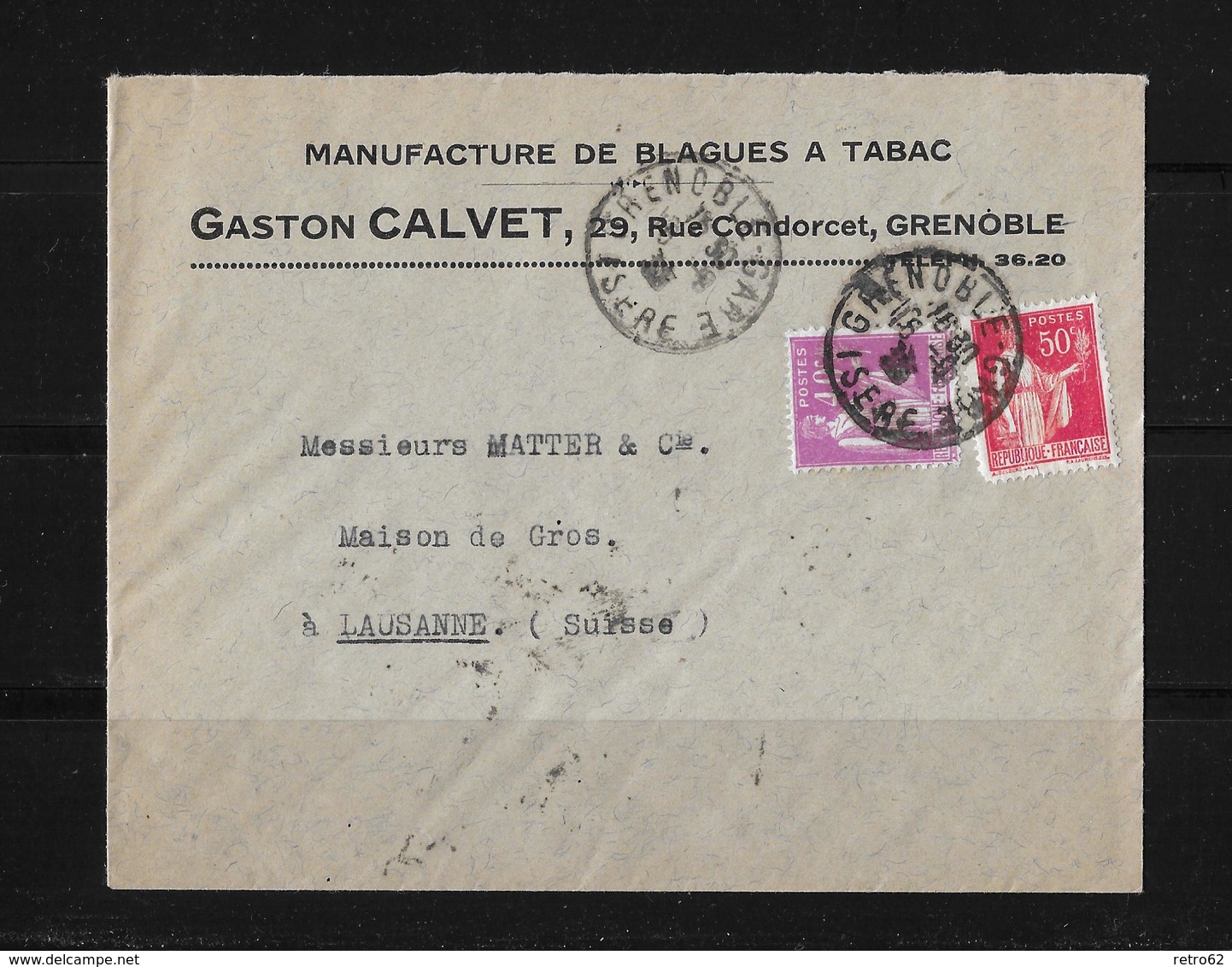 1933 Grenoble (Gaston Calvet) Manufacture De Balagues A Tabac → Lettre à Lausanne En Suisse - Briefe U. Dokumente