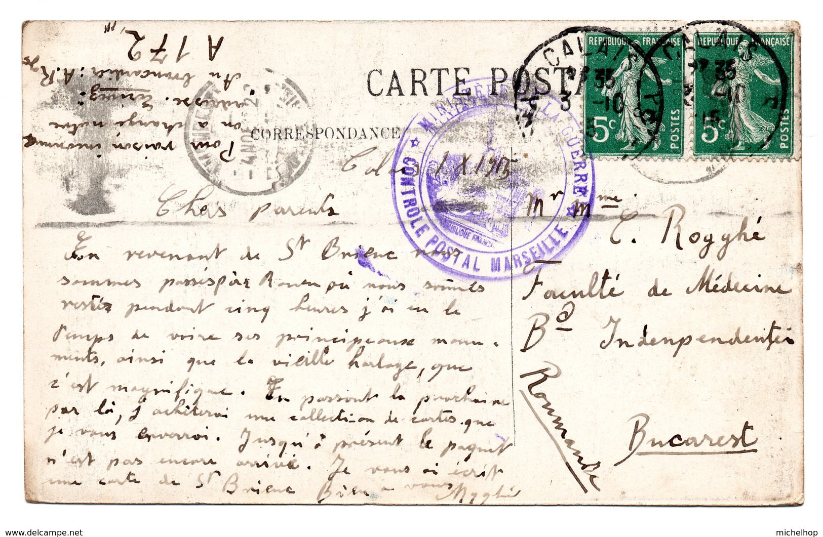 Cachet CONTROLE POSTAL MARSEILLE Sur CV Expédiée De Calais Vers Bucarest (1915) - Guerre De 1914-18