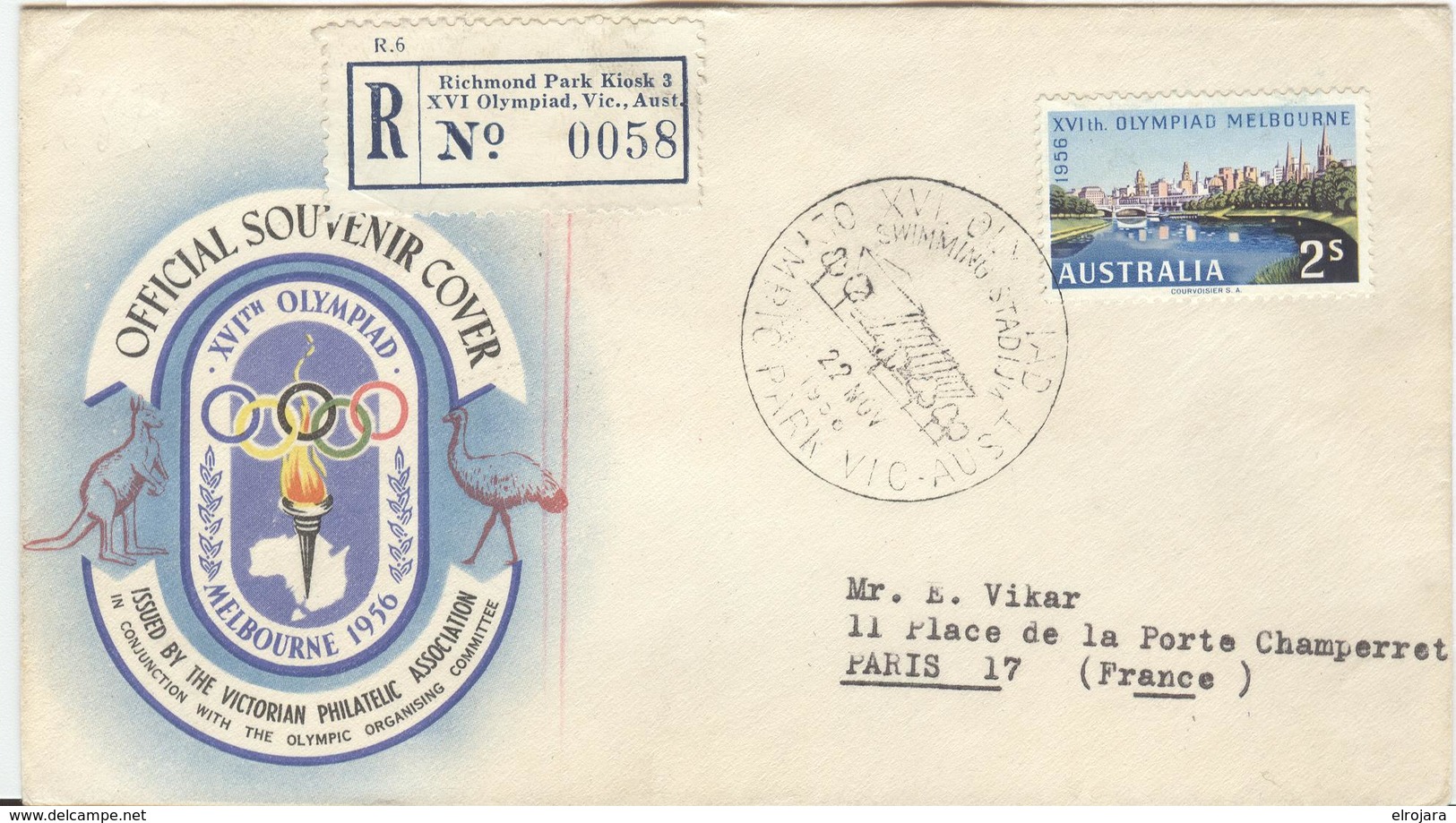 Australia R Label Richmond Park Kiosk 3 XVI Olympiad Olympic Cover To Paris With Olympic Cancel Swimming Stadium - Sommer 1956: Melbourne