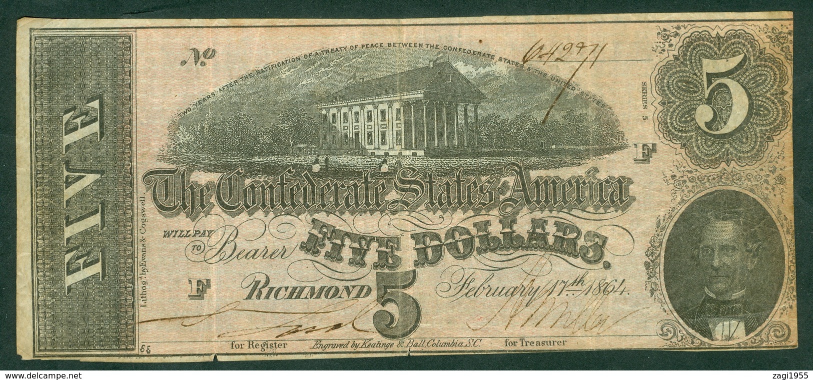 USA 1864 Richmond 5 Dollars - Valuta Della Confederazione (1861-1864)